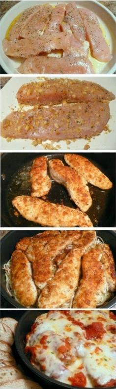 
                    
                        Delicious Skillet Chicken Parmesan Over Pasta
                    
                