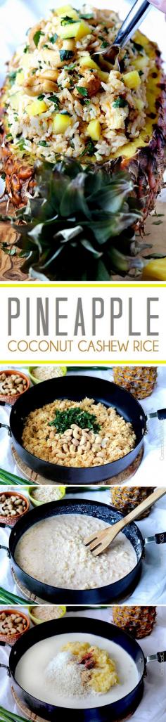 Sweet, slightly creamy Hawaiian Pineapple Coconut Cashew Rice COOKED IN pineapple juice, crushed pineapple and coconut milk, brightened by cilantro, lime and roasted cashews – HEAVENLY! An easy side for any main dish and impressive enough for company. #pineapplerice #coconutrice #Hawaiianrice #cilantrolimerice