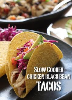 Slow Cooker Chicken Black Bean Tacos: This easy taco recipe requires no pre-cooking, just throw it all in the crock pot and you'll have a delicious weeknight meal. Black beans and chicken breast, simmered in the slow cooker make the perfect filling for tacos, burritos, enchiladas, or even a burrito bowl and it's loaded with #better health solutions| http://happyhalloweencostumeslinda.blogspot.com