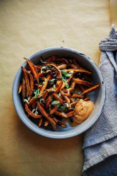 
                    
                        Curry garlic sweet potato fries with miso gravy
                    
                