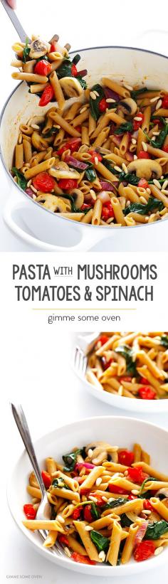 
                    
                        Pasta with Mushrooms, Tomatoes & Spinach -- tossed with an easy garlic white wine sauce, and so tasty! | gimmesomeoven.com
                    
                