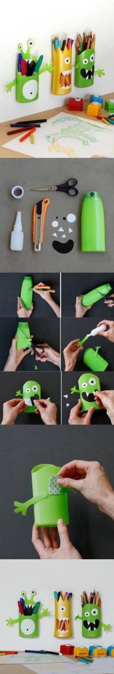 DIY Shampoo Bottle Monster Pencil Holder diy craft crafts craft ideas diy ideas diy crafts kids crafts how to tutorial crafts for kids