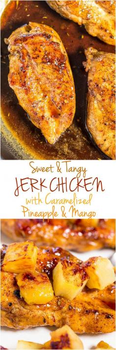 
                    
                        Sweet and Tangy Jerk Chicken with Caramelized Pineapple and Mango - Easy and ready in 15 minutes! Dinner that tastes like a tropical vacation is a guaranteed hit!!
                    
                