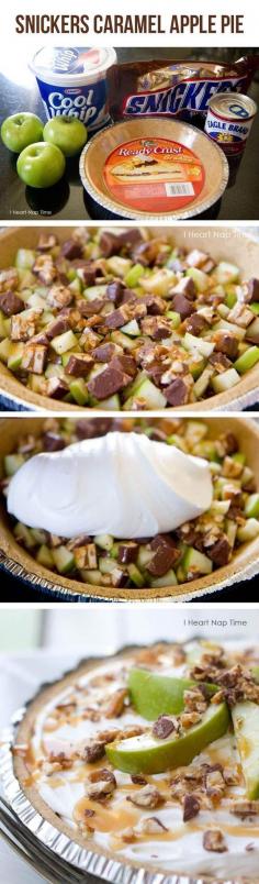 Snickers Caramel Apple Pie Spread snickers on bottom of pie crust. Next layer the apples next. Then drizzle caramel on top. Combine cool whip, cream cheese and sweetened condensed milk together in a small bowl and spread on top. Drizzle with caramel and a few snickers. Place in refrigerator for at least 2 hours. Take out about 5 minutes before serving and top with fresh apple slices..