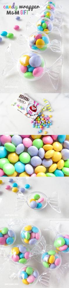 
                    
                        Candy wrapper M&M gift or party favor! Made with white chocolate M&Ms and plastic candy wrapper containers (see where to find them here)
                    
                