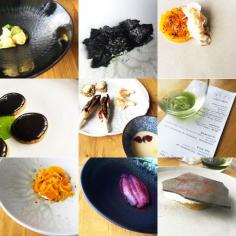 Chef Tales" lunch on 12 April at Lumi Dining Pyrmont - chef Federico Zanellato and chef Clayton Wells (Clayton soon to open his new restaurant Automata at The Old Clare Hote in Chippendale Sydney). Photos from middle bottom - CJ Well's witlof, blackberry, burnt eggplant, quail to top left - Federico's anglotti, smoked egg yolk, pancetta dashi, fennel pollen