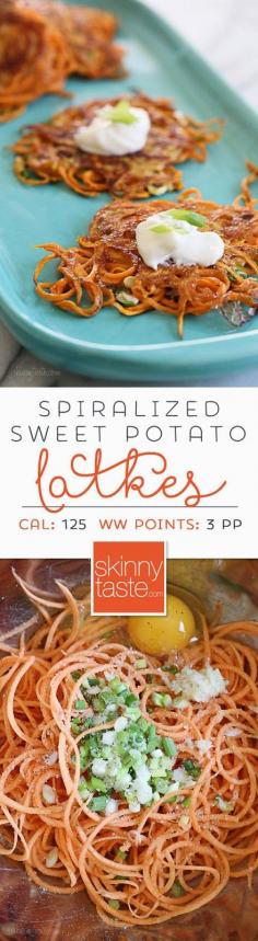 
                    
                        Spiralized Sweet Potato Latkes – an easier, healthier, sweet potato pancake. Passover
                    
                