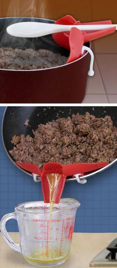 
                    
                        Snap on strainer spout - fits on any pan to drain off liquid, and doubles as an over the pot spoon holder #brilliant #kitchen #gadget
                    
                