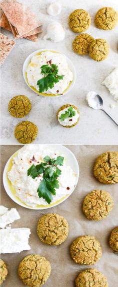 
                    
                        Baked Falafel with Spicy Feta Yogurt Dip. Dinner is done in 30 minutes! I howsweeteats.com
                    
                