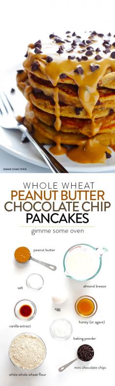 
                    
                        Whole Wheat Peanut Butter Chocolate Chip Pancakes -- so delicious, and made healthier with a few simple tweaks! | gimmesomeoven.com
                    
                