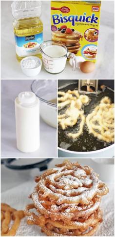 DIY State Fair Funnel Cake 2 cups Original Bisquick mix 1 cup milk 2 eggs Powdered sugar, for topping -Pour oil about one inch deep into a large saucepan or stockpot. Heat over medium heat until a candy thermometer reads 350 to 360 degrees F. Meanwhile, combine Bisquick, milk and eggs in a large bowl; stir until well mixed. Pour batter into squeeze dispenser bottles.