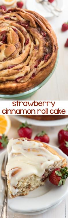 
                    
                        This Giant Strawberry Cinnamon Roll Cake Recipe is perfect for breakfast or brunch. My favorite cinnamon roll recipe is filled with fresh strawberries and then rolled up like a cake and frosted with lemon icing!
                    
                