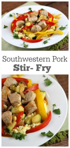 
                    
                        Southwestern Pork Stir Fry served over Creamy Cilantro Polenta: easy recipe using Smithfield's pre-marinated mesquite pork loin filet.  My family loved this dinner!
                    
                