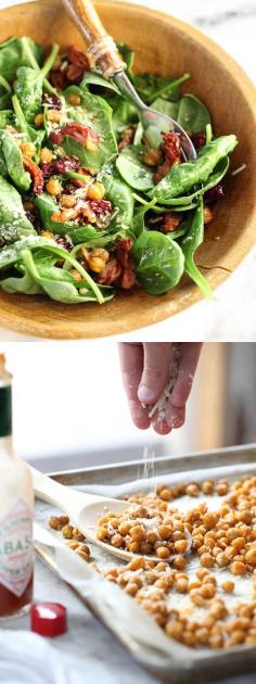 
                    
                        Spicy Roasted Chickpeas flavor this healthy salad with crunch and bacon on foodiecrush.com
                    
                