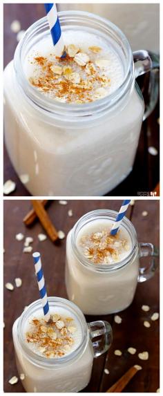 healthy oatmeal cookie smoothie. 1/4 cup oats, I banana, 1 cup almond milk, 1 tsp honey, 1/2 tsp cinnamon, 1/4 tsp ginger, pinch nutmeg, pinch salt, raisins optional