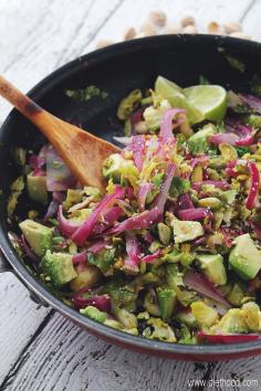 Shaved Brussels Sprouts Salad with Avocado and Pistachios....I would omit sugar and add a natural sweetener, like honey or coconut oil.