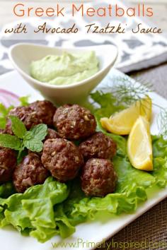 
                    
                        Greek Meatballs with Avocado Tzatziki Sauce by Primally Inspired #paleo #glutenfree
                    
                