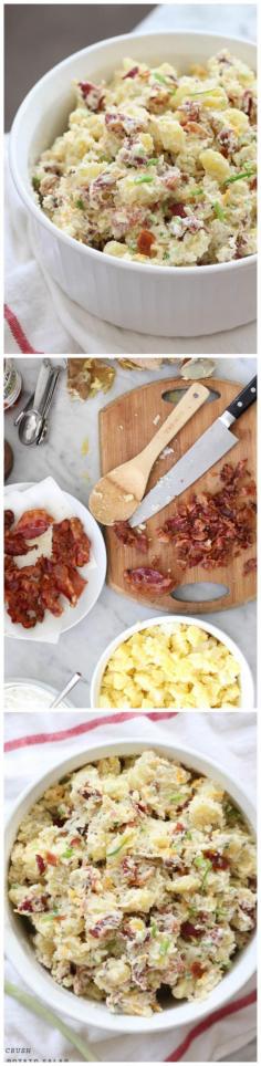Loaded Baked Potato Salad with bacon and sour cream #recipe on foodiecrush.com #bbq #potatosalad  I fixed this and it was SO GOOD! I cut up the potatoes before baking them and left the skins on. It was awesome!