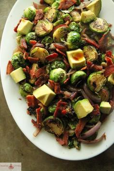 Ingredients: 4 strips turkey bacon, ½ red onion, thinly sliced 2 teaspoons olive oil 1 pound Brussels Sprouts, trimmed and halved ½ cup chicken stock 1 medium avocado, cut into chunks 2 tablespoons olive oil 2 tablespoons balsamic vinegar kosher salt and black pepper to taste. Great for phase 3 of the fast metabolism diet!