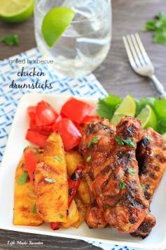 Grilled barbecue chicken drumsticks are basted with Kraft Sweet Honey Barbecue Sauce to create a delicious mild and sweet flavor along with grilled pineapples and bell peppers. This would make a perfect meal to add to your game day menu! #Evergriller #CleverGirls #sponsored