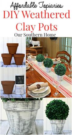 
                    
                        Make an inexpensive centerpiece by applying  a weathered paint treatment to clay pots to create a striking topiary by Our Southern Home
                    
                