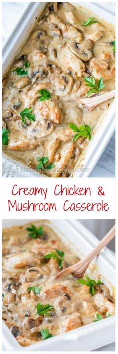 
                    
                        Creamy Chicken and Mushroom Casserole (aka Chicken Gloria) perfect for parties! natashaskitchen
                    
                