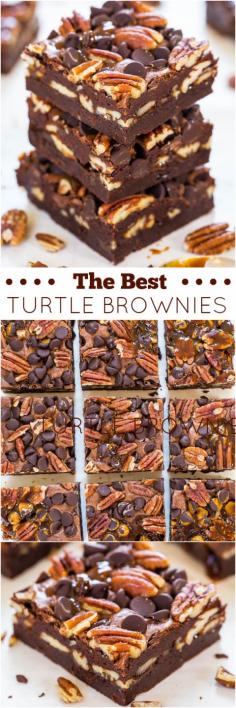 
                    
                        The Best Turtle Brownies - Super fudgy and loaded with chocolate, pecans and caramel! So.crazy.good!!!
                    
                