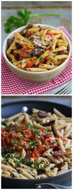 
                    
                        Roasted Tomato and Chicken Sausage Whole Wheat Pasta Recipe...266 calories and 7 Weight Watchers PP | cookincanuck.com #healthy
                    
                