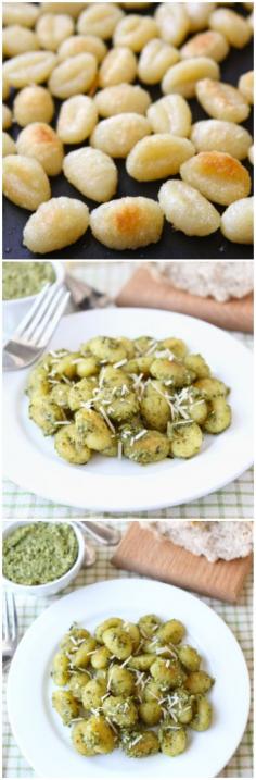 Crispy Gnocchi with Basil Pesto Recipe on twopeasandtheirpod.com