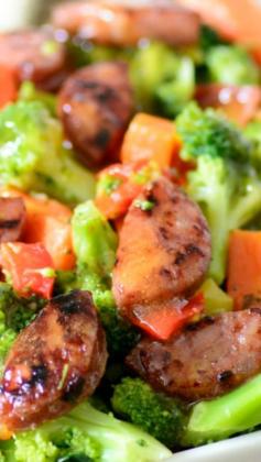 
                    
                        Sausage and Steamed Veggies with Pineapple Sriracha Sauce ~ An amazing dish
                    
                