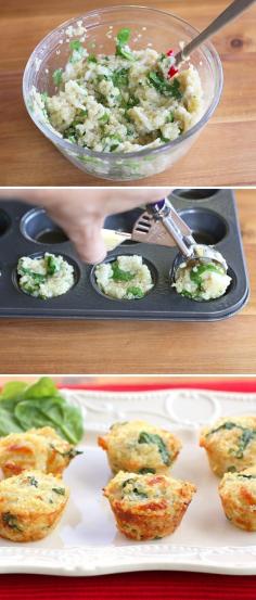 Quinoa Bites  1 C cooked quinoa, warmed 1/2 C shredded mozzarella or cheddar 2 egg whites 1 clove garlic, minced 1 t salt 1/3 C chopped fresh spinach leaves Oven 350 degrees spray a mini muffin tin Mix warm quinoa w cheese to melt the cheese. Add egg whites, garlic, salt, and spinach leaves. Stir Spoon mixture into mini muffin tins, filling to the top. Bake at 350 degrees for 20 min.