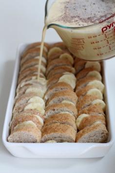 Recipe for Baked Banana French Toast with Pecan Crumble  - A simple baked french toast made with banana and topped with a sweet and crunchy pecan crumble. A great make-ahead dish for holiday mornings!