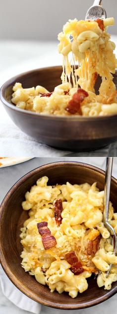 
                    
                        The aroma of the garlic studded roux that is the base for this four cheese sauce is reason enough to make this mac & cheese.
                    
                