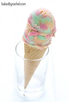 Easy homemade rainbow sherbet, bursting with raspberry, orange and lime flavors! Recipe from @bakedbyrachel