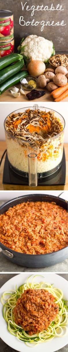 This vegetable bolognese has all the goodness of pasta with a chunky, meaty marinara sauce, but is made entirely of vegetables and nuts! #vegan #vegetarian #recipe #veggies #recipes