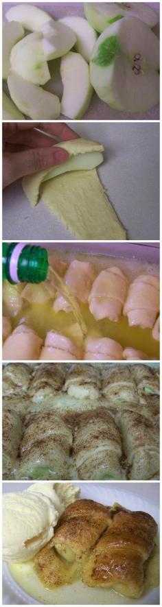 Apple Dumplings #dessert #recipe #healthy #recipes #delicious 2 whole Granny Smith Apples 2 cans (8 Oz. Cans) Crescent Rolls 2 sticks Butter 1-1/2 cup Sugar 1 teaspoon Vanilla  Cinnamon, To Taste 1 can (12 Oz.) Mountain Dew Soda