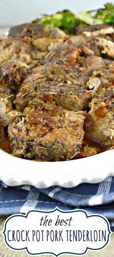 Crock pot pork tenderloin. This recipe makes an incredibly tender, moist, flavorful pork tenderloin with a fabulous pan sauce/gravy. All from scratch-no canned soup!