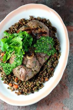 Steakhouse-Style Grilled Lamb Leg Steak, over Lentils, with Chimichurri #GrilledLamb #Lentils #Recipe #SensationalSides #Chimichurri
