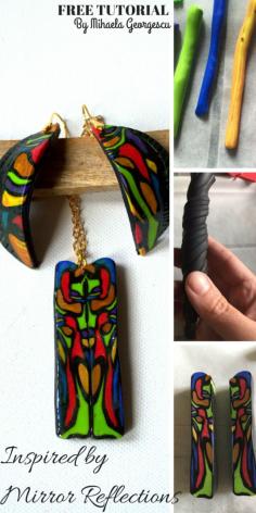 FREE TUTORIAL - Inspired by Mirror Reflections by Mihaela Georgescu – A variation of the Natasha Technique. Free Photo Tutorial More free tutorials on : https://michellemaya2005.wordpress.com/ Enjoy ! Materials and tools used: green, yellow, gold, violet, red, blue and black polymer clay, a pasta machine, a craft knife, a blade and varnish.