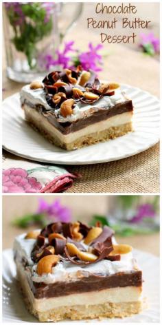 Chocolate Peanut Butter Dessert  A chocolate and peanut butter lovers dream! This is cool and creamy right down to the last bite!