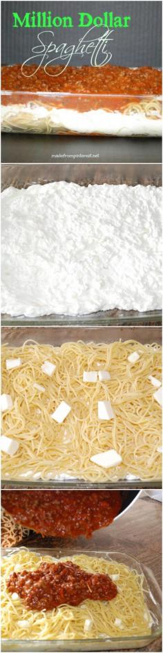 Million Dollar Spaghetti Recipe ~ your family will think you slaved in the kitchen all day. It will be our little secret. Never thought sour cream, cream cheese, and cottage cheese would go with spaghetti.