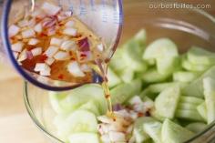 Sweet and Spicy Cucumber Salad Print This! Sweet and Spicy Cucumber Slices 1-1/2 lbs cucumber (about 3 medium), peeled, halved lengthwise & thinly sliced 2 tsp kosher salt 1/2 c rice vinegar, seasoned or regular 1/2 c water 3 Tbs sugar* 1/4 tsp red pepper flakes 2 Tbs minced red onion *I’ve even made this with Splenda and they turned out great! Place cucumber slices in a colander sitting over a bowl, sprinkle with salt and toss well. Let sit for 1 hour refrigerat...