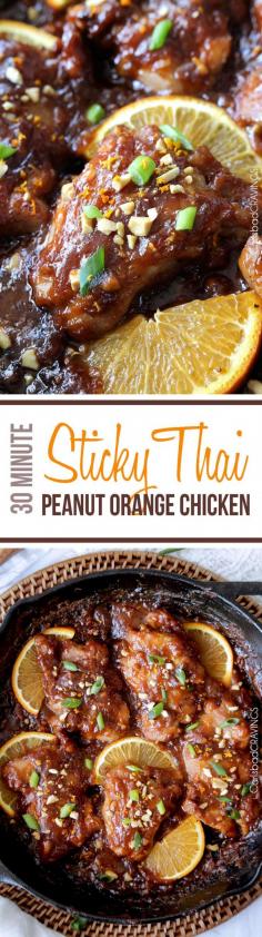 One pan, 30 minute easy Sticky Thai Peanut Orange Chicken baked in one of my favorite rich, nutty, sweet, savory orange sauces ever. I am so in love with the flavors and ease of this dish! #thai #orangechicken #peanutchicken #thaipeanutchicken #drumsticks #30minutemeals