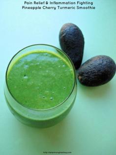 Pain Relief & Inflammation Fighting Pineapple Cherry Turmeric Smoothie: Makes 2 servings 2 cups frozen pineapple cubes 2 cups organic spinach 1 teaspoon organic turmeric powder  2 tablespoons organic tart cherry juice concentrate  ⅛ teaspoon fresh ground black pepper 1 teaspoon fresh grated ginger 4 tablespoons organic hemp protein powder  3 cups spring or purified water 1 small avocado Organic stevia powder