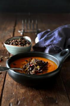 Carrot, Pumpkin and Turmeric Soup with Spicy Black Bean Topping by swoonfood.com