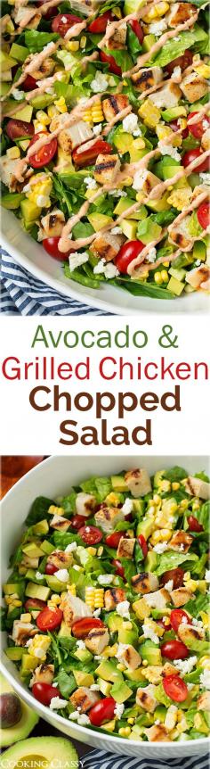 
                    
                        Avocado and Grilled Chicken Chopped Salad with Skinny Chipotle-Lime Ranch - I could eat this salad every single day! It was SO good! Used the left over ranch to dip chicken tenders in.
                    
                