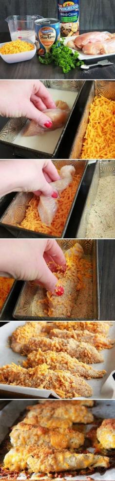 Crispy Cheddar Chicken. The breaded chicken is covered in cheddar cheese, baked, then topped with cheese sauce.