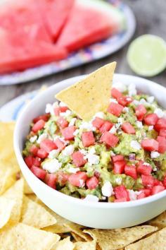Watermelon Feta Guacamole Recipe on twopeasandtheirpod.com The perfect guacamole for summer!