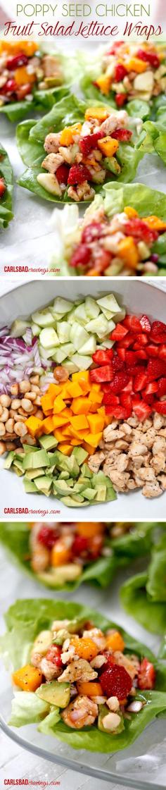 Poppy seed chicken fruit salad lettuce wraps - Chicken and strawberries, mangos, cucumbers and avocado marinated and chilled in my favorite sweet, tangy poppy seed dressing topped with toasted coconut and macadamia nuts - sweet, creamy, crunchy and PACKED with flavor!
