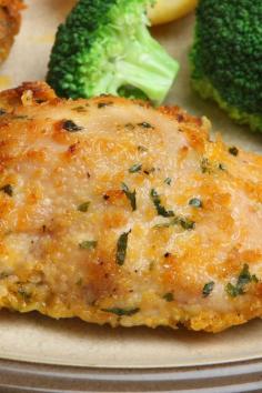 Baked Garlic Cheddar Chicken  /  Baked Parmesan, Cheddar Cheese and Bread Crumb Crusted Garlic Chicken Recipe - The whole family will love this recipe!